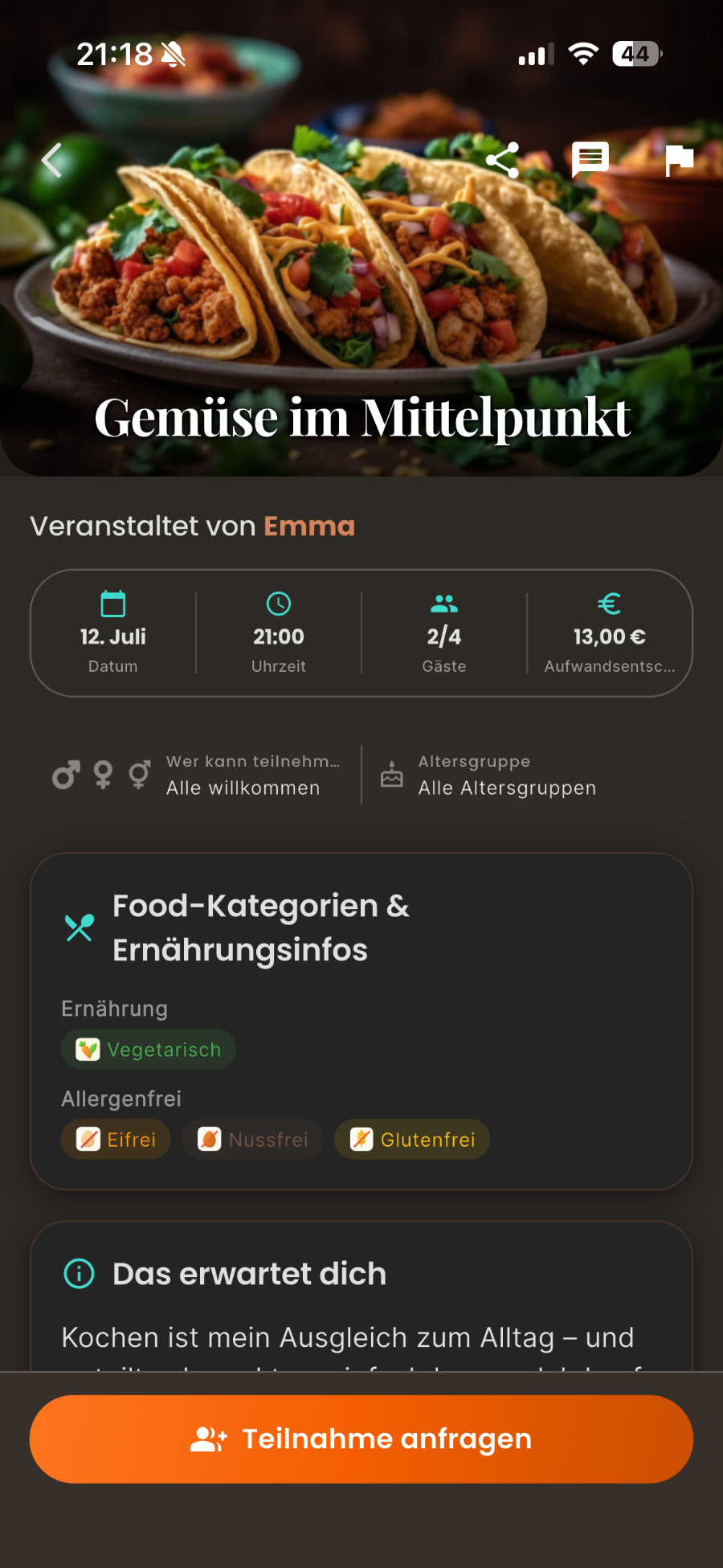 Let's Dish event details screen